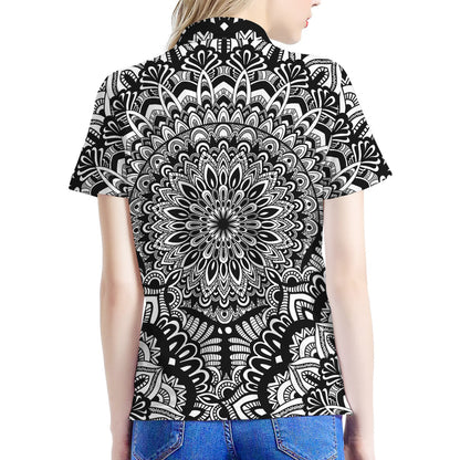 White And Black Mandala Print Women's Polo Shirt