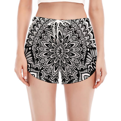 White And Black Mandala Print Women's Split Running Shorts