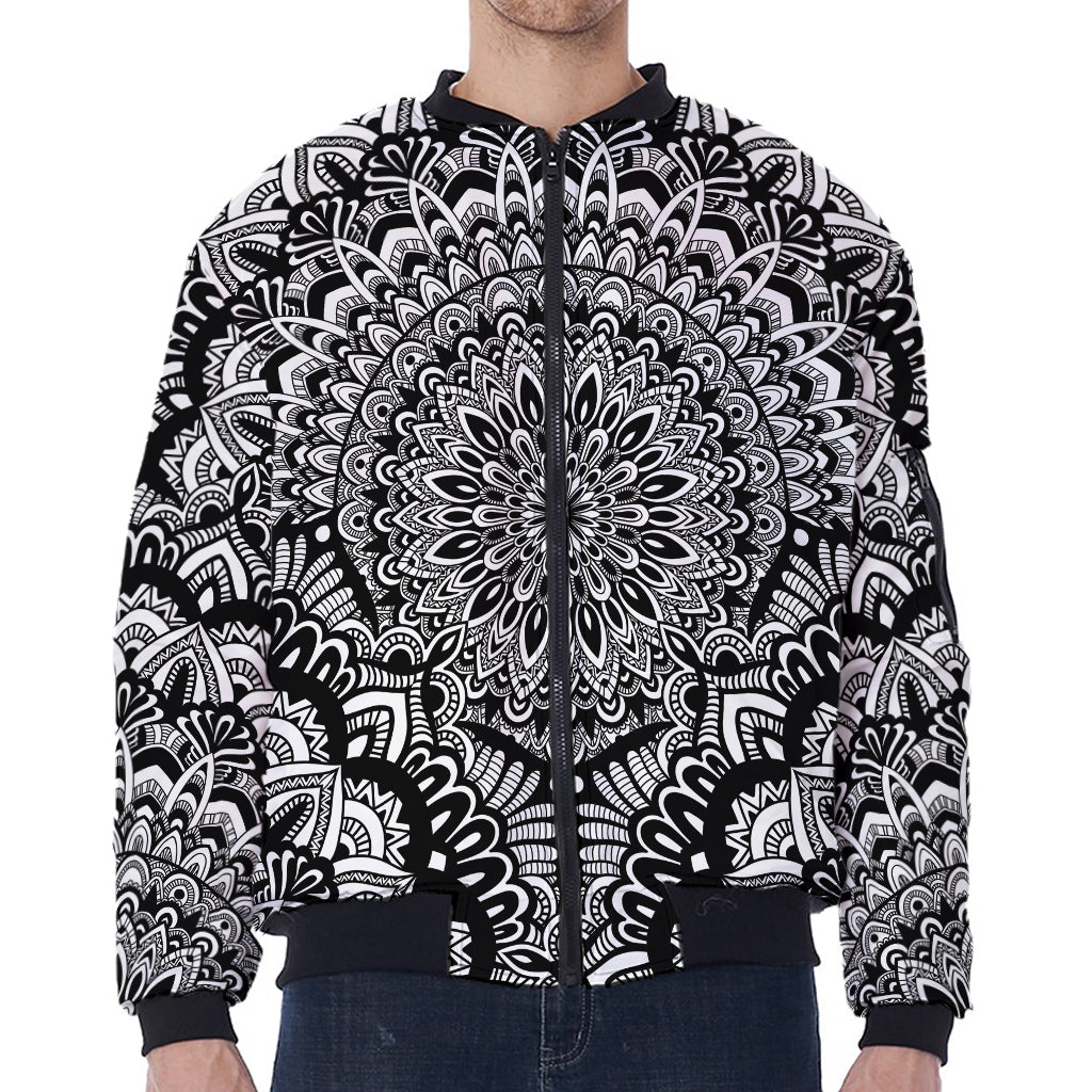 White And Black Mandala Print Zip Sleeve Bomber Jacket