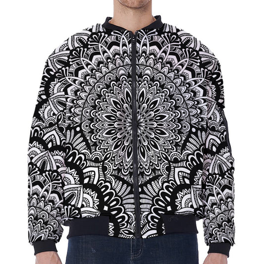 White And Black Mandala Print Zip Sleeve Bomber Jacket
