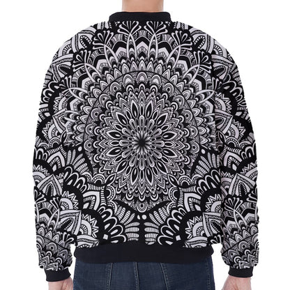 White And Black Mandala Print Zip Sleeve Bomber Jacket