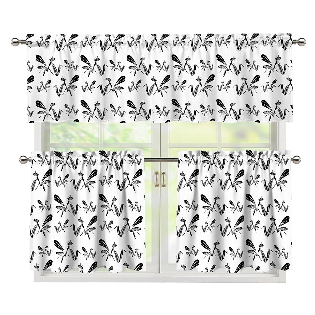White And Black Mantis Pattern Print 3 Piece Kitchen Curtains