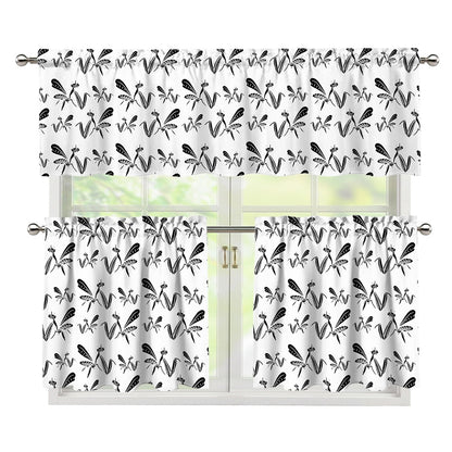 White And Black Mantis Pattern Print 3 Piece Kitchen Curtains