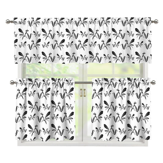 White And Black Mantis Pattern Print 3 Piece Kitchen Curtains