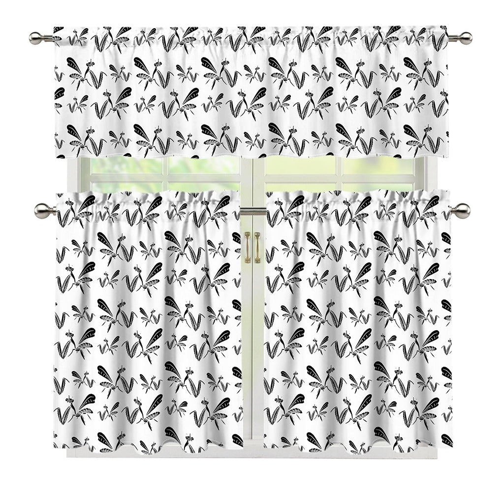 White And Black Mantis Pattern Print 3 Piece Kitchen Curtains
