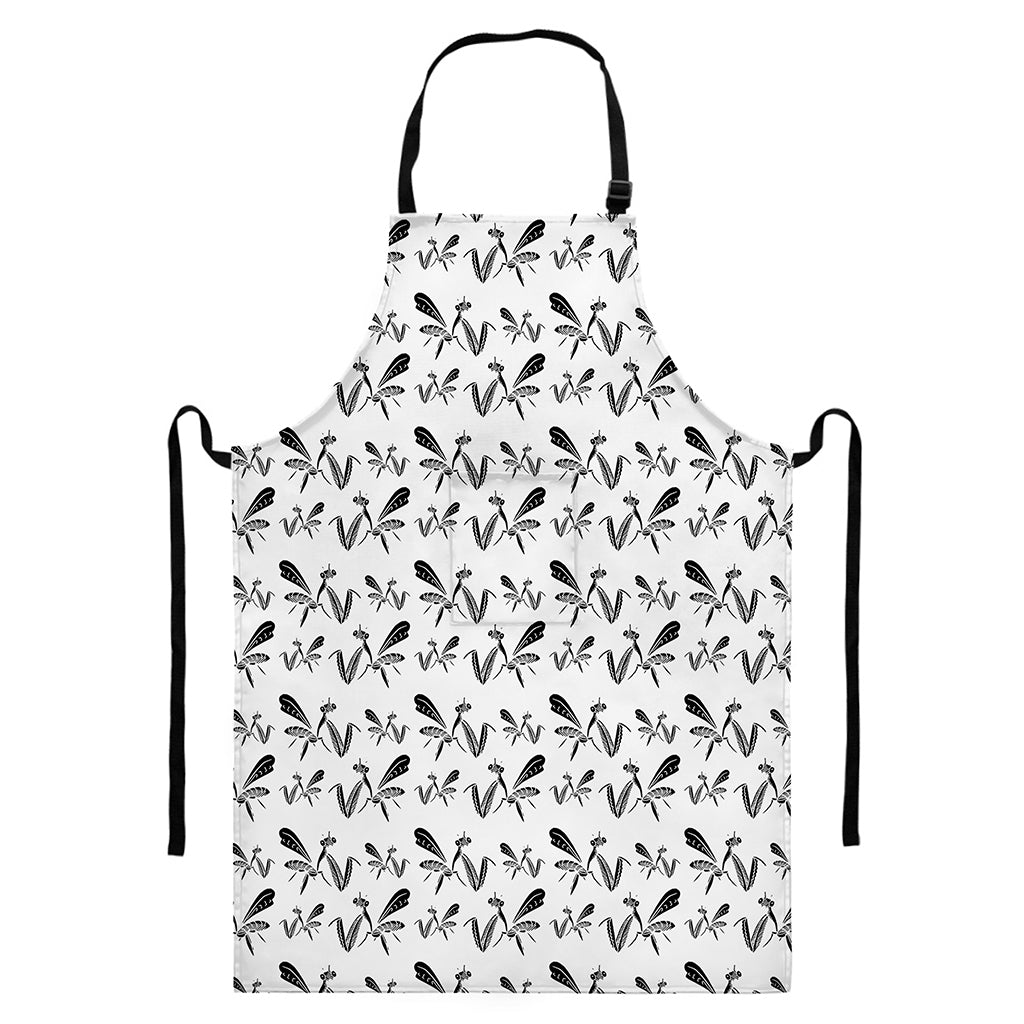 White And Black Mantis Pattern Print Bib Apron With Pocket