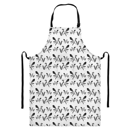 White And Black Mantis Pattern Print Bib Apron With Pocket