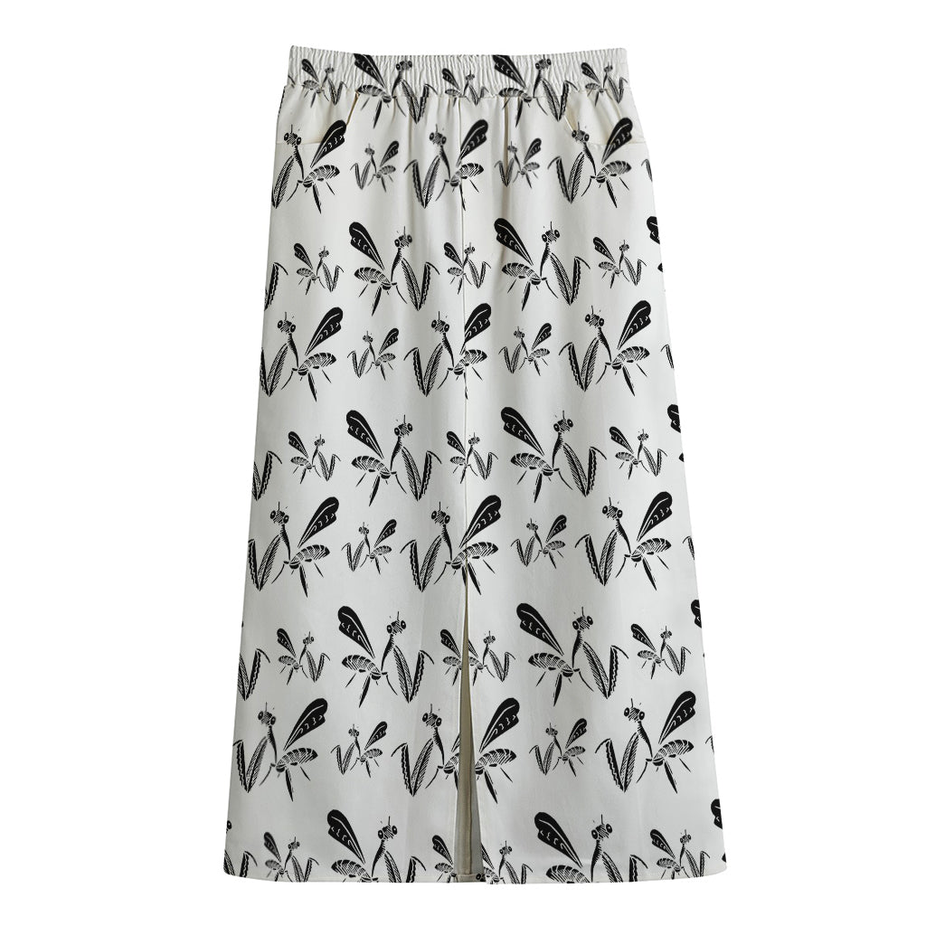 White And Black Mantis Pattern Print Cotton Front Slit Maxi Skirt