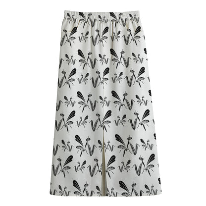 White And Black Mantis Pattern Print Cotton Front Slit Maxi Skirt