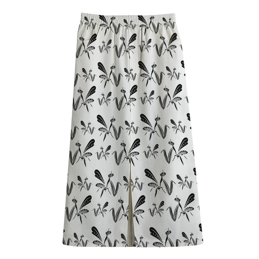 White And Black Mantis Pattern Print Cotton Front Slit Maxi Skirt