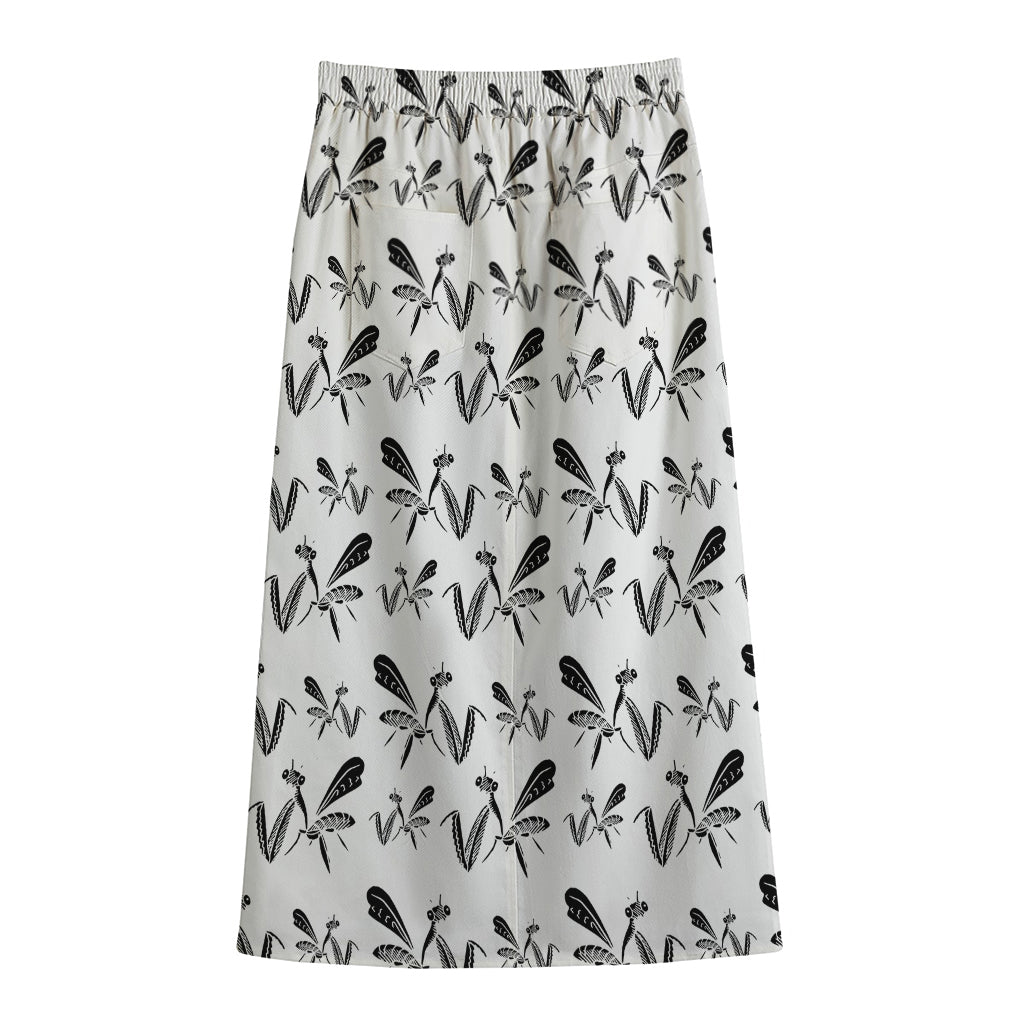White And Black Mantis Pattern Print Cotton Front Slit Maxi Skirt