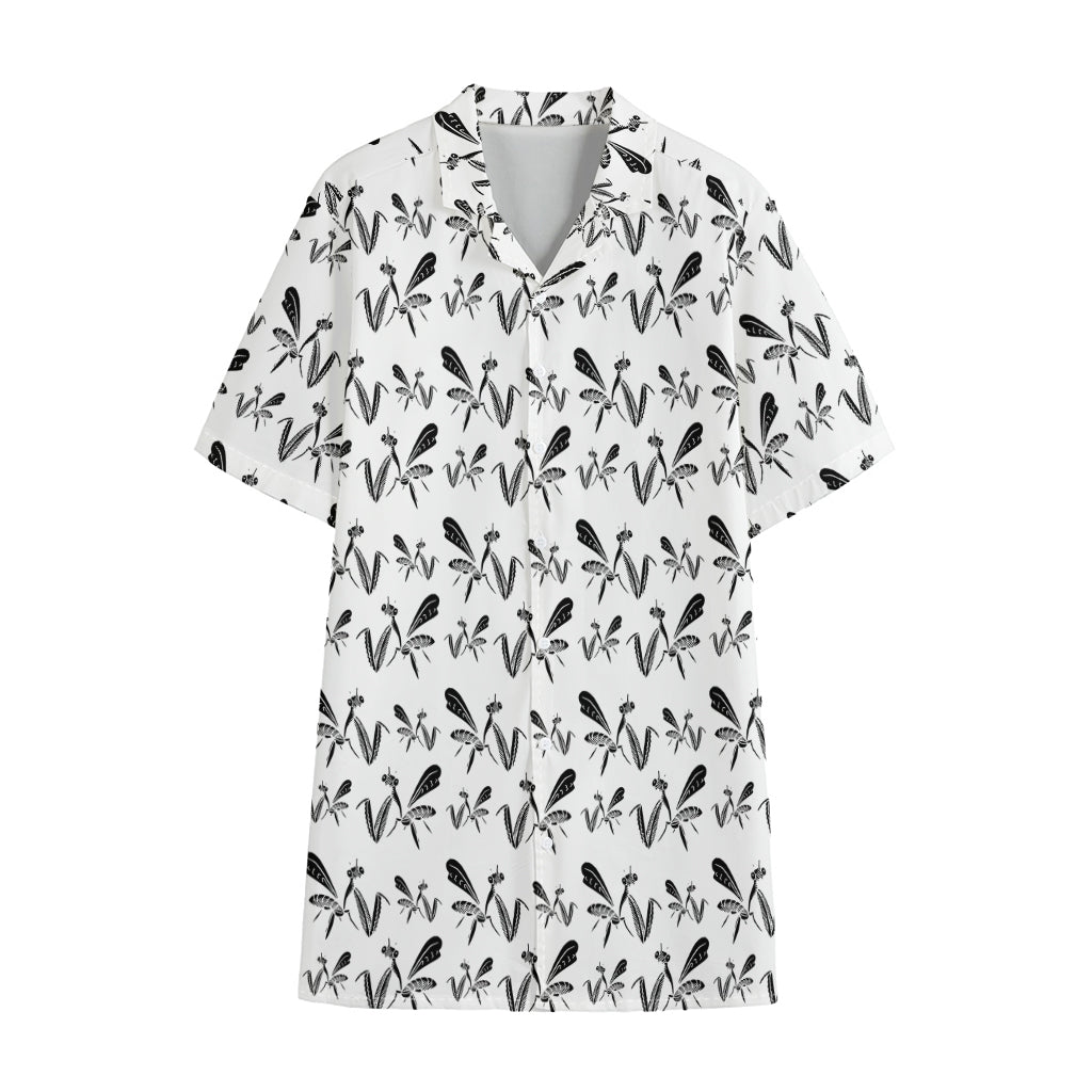 White And Black Mantis Pattern Print Cotton Hawaiian Shirt