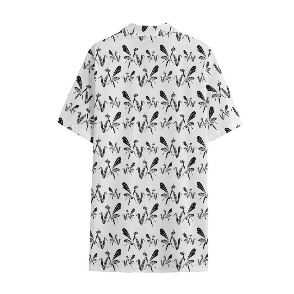 White And Black Mantis Pattern Print Cotton Hawaiian Shirt