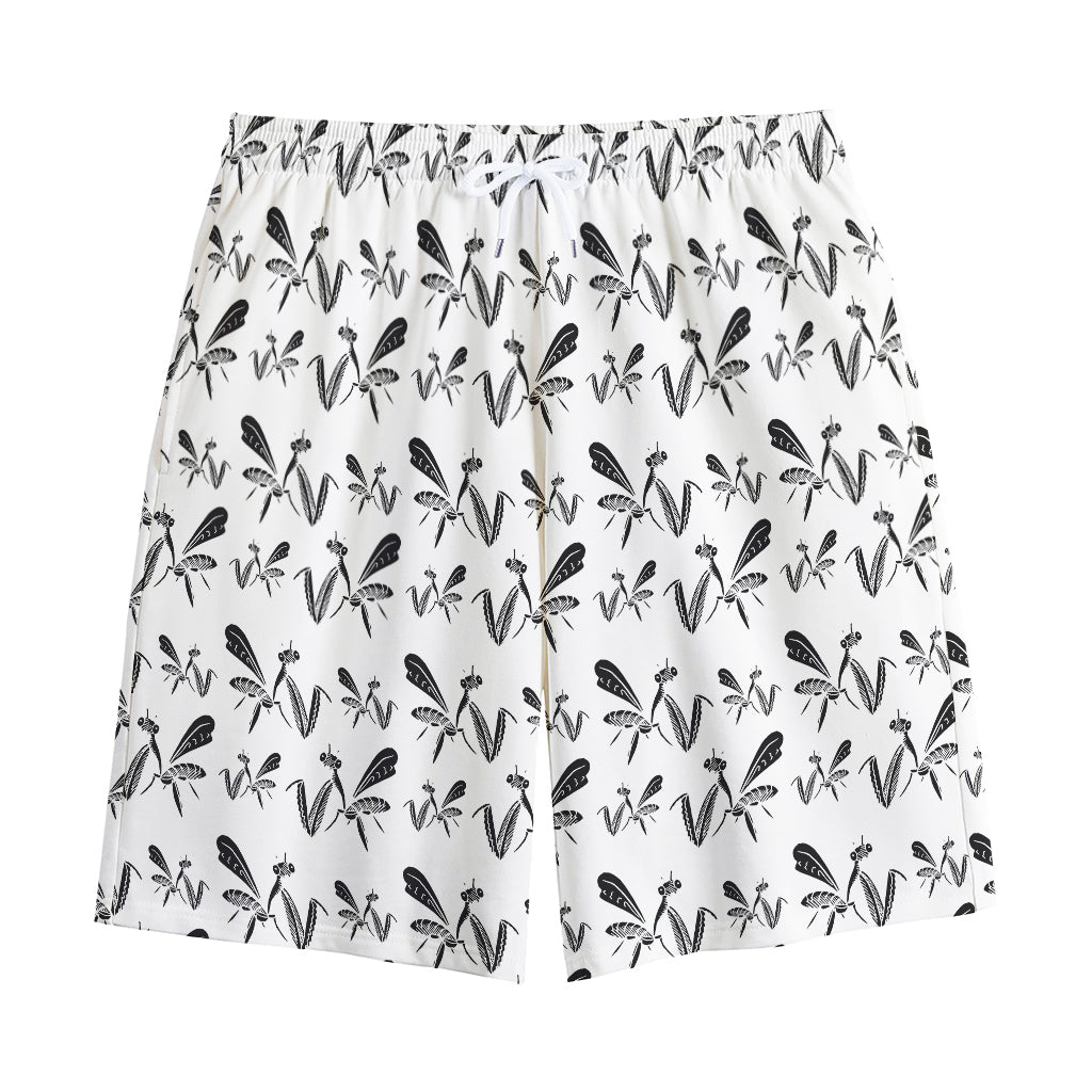 White And Black Mantis Pattern Print Cotton Shorts