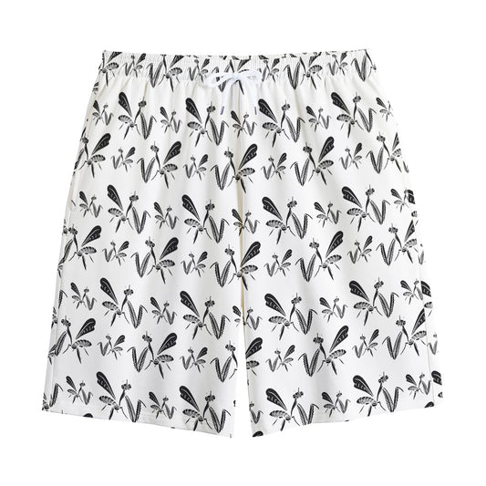 White And Black Mantis Pattern Print Cotton Shorts