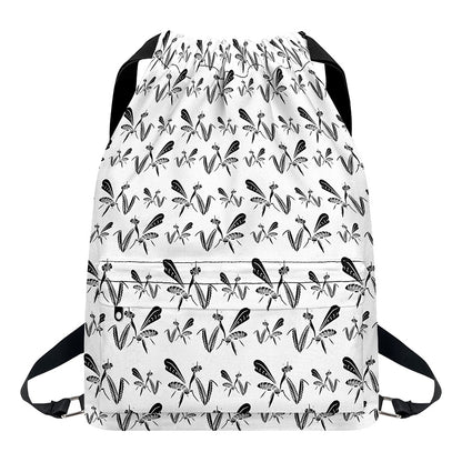 White And Black Mantis Pattern Print Drawstring Backpack