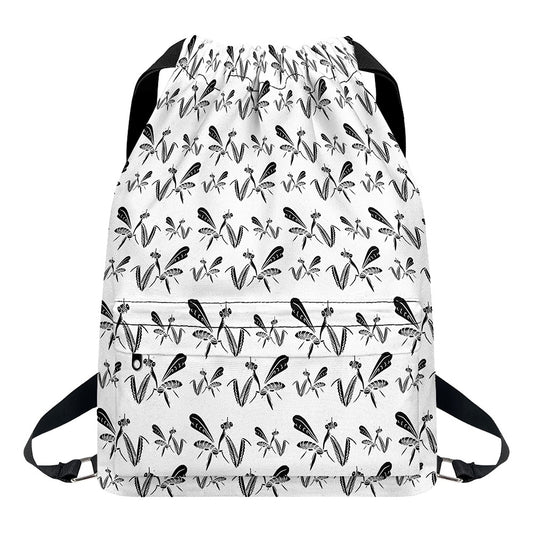 White And Black Mantis Pattern Print Drawstring Backpack