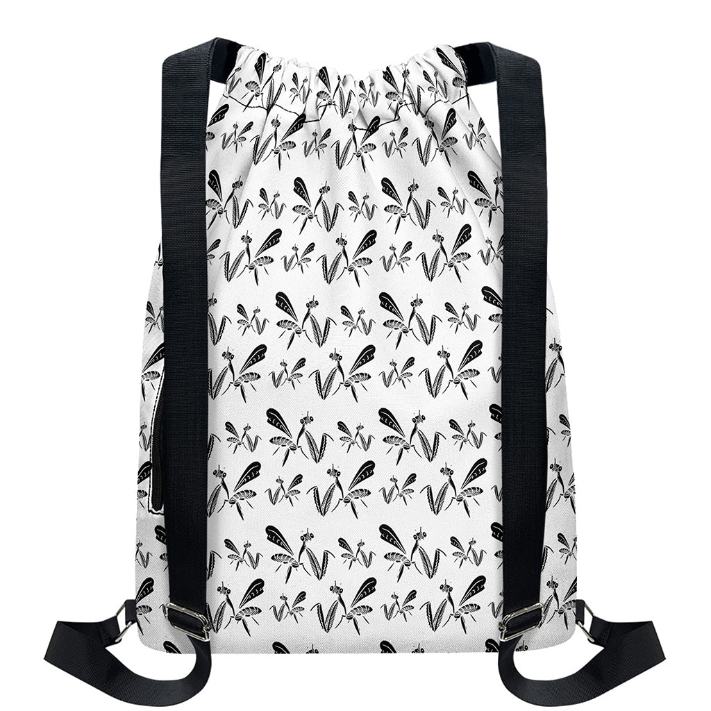 White And Black Mantis Pattern Print Drawstring Backpack