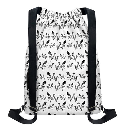 White And Black Mantis Pattern Print Drawstring Backpack