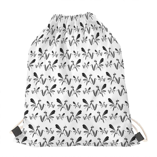 White And Black Mantis Pattern Print Drawstring Bag