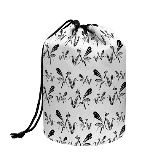 White And Black Mantis Pattern Print Drawstring Makeup Bag