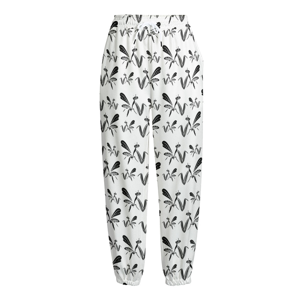 White And Black Mantis Pattern Print Fleece Lined Knit Pants