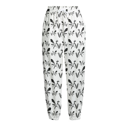White And Black Mantis Pattern Print Fleece Lined Knit Pants