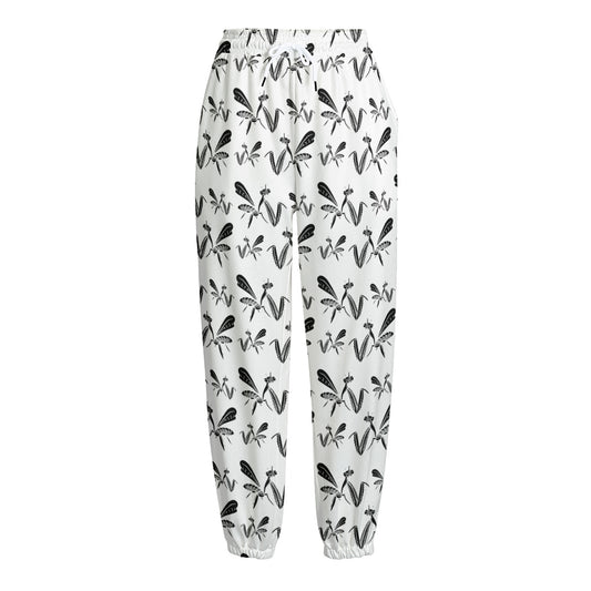 White And Black Mantis Pattern Print Fleece Lined Knit Pants