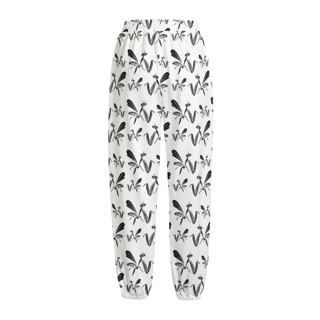 White And Black Mantis Pattern Print Fleece Lined Knit Pants