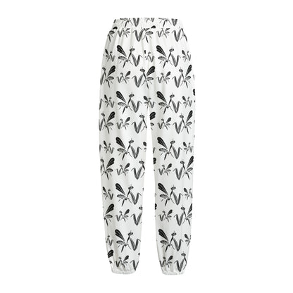 White And Black Mantis Pattern Print Fleece Lined Knit Pants