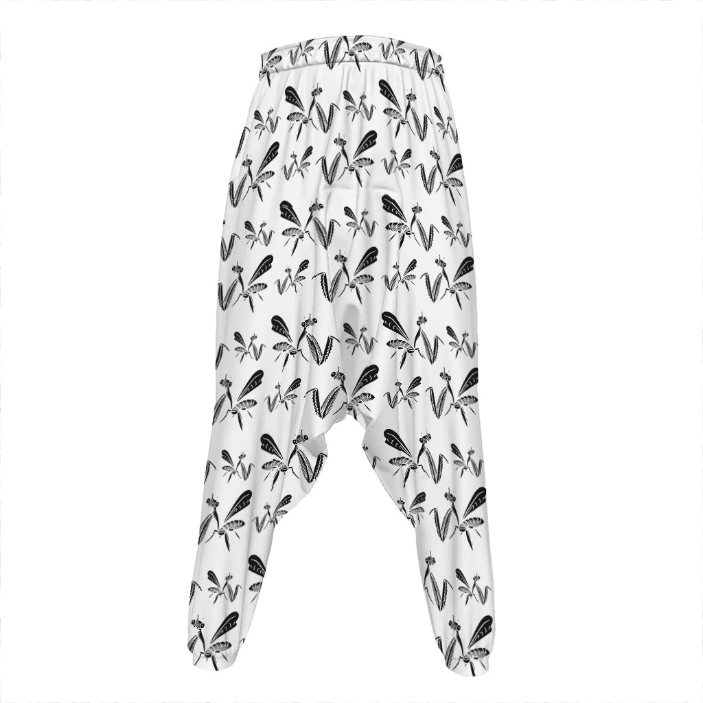 White And Black Mantis Pattern Print Hammer Pants