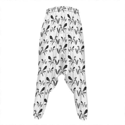 White And Black Mantis Pattern Print Hammer Pants