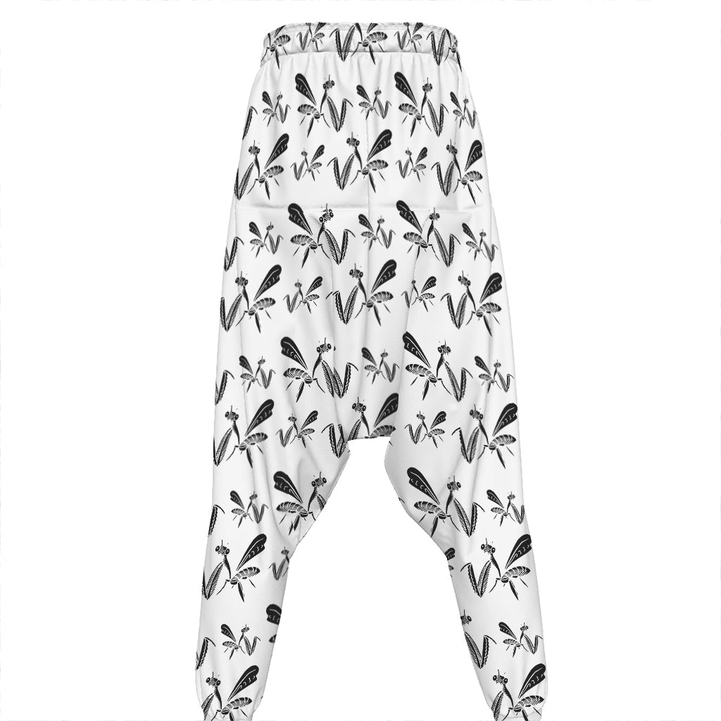 White And Black Mantis Pattern Print Hammer Pants