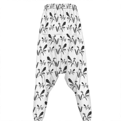 White And Black Mantis Pattern Print Hammer Pants