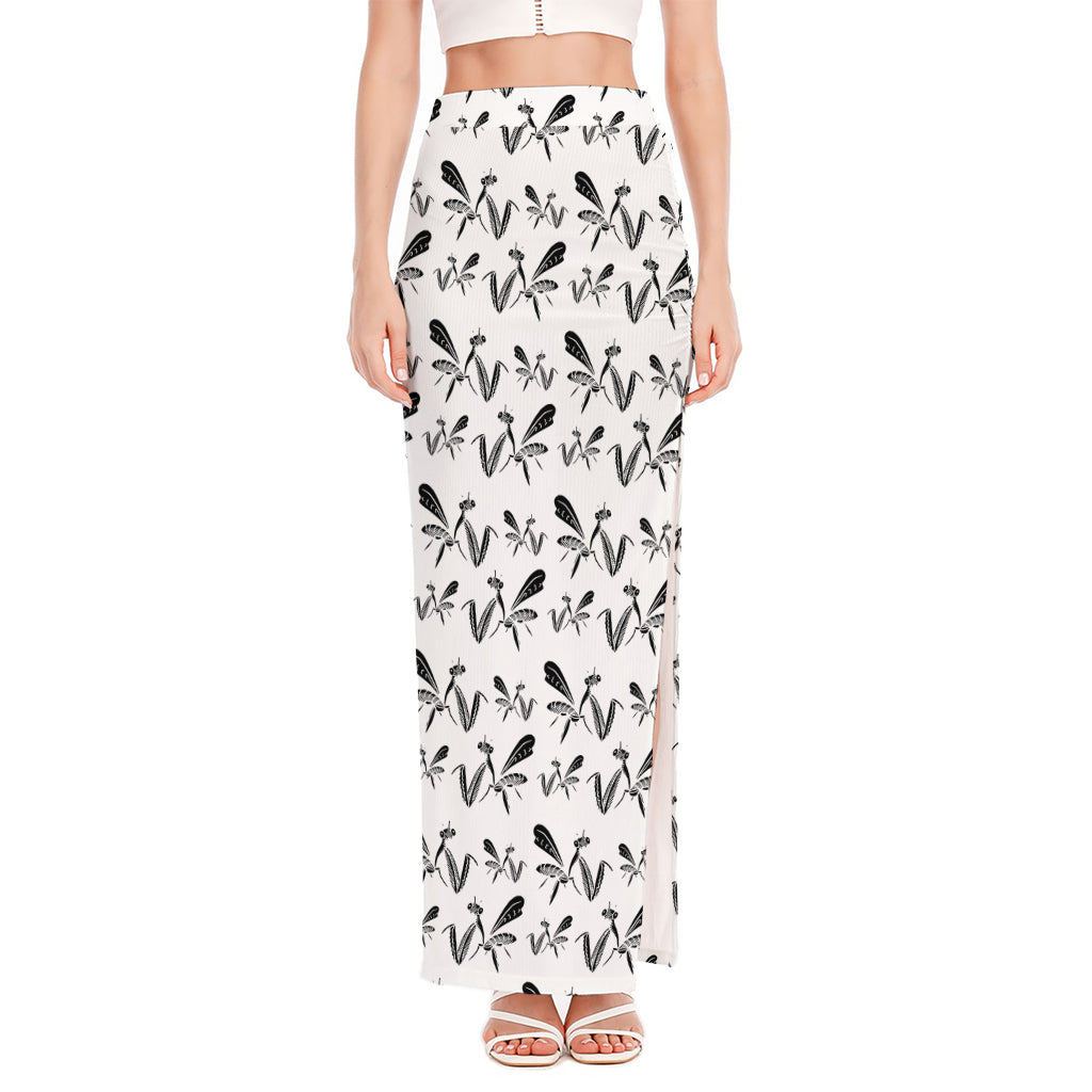 White And Black Mantis Pattern Print High Slit Maxi Skirt