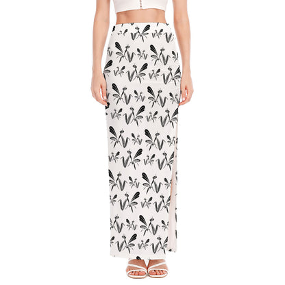 White And Black Mantis Pattern Print High Slit Maxi Skirt