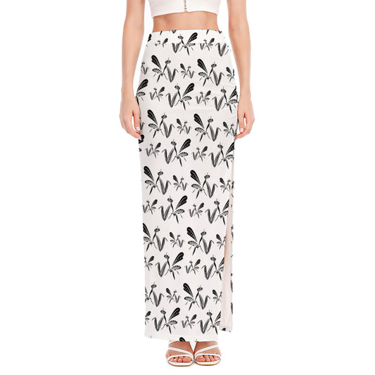White And Black Mantis Pattern Print High Slit Maxi Skirt