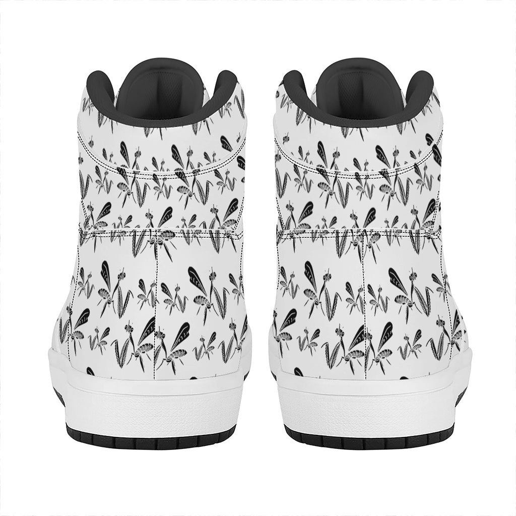 White And Black Mantis Pattern Print High Top Leather Sneakers