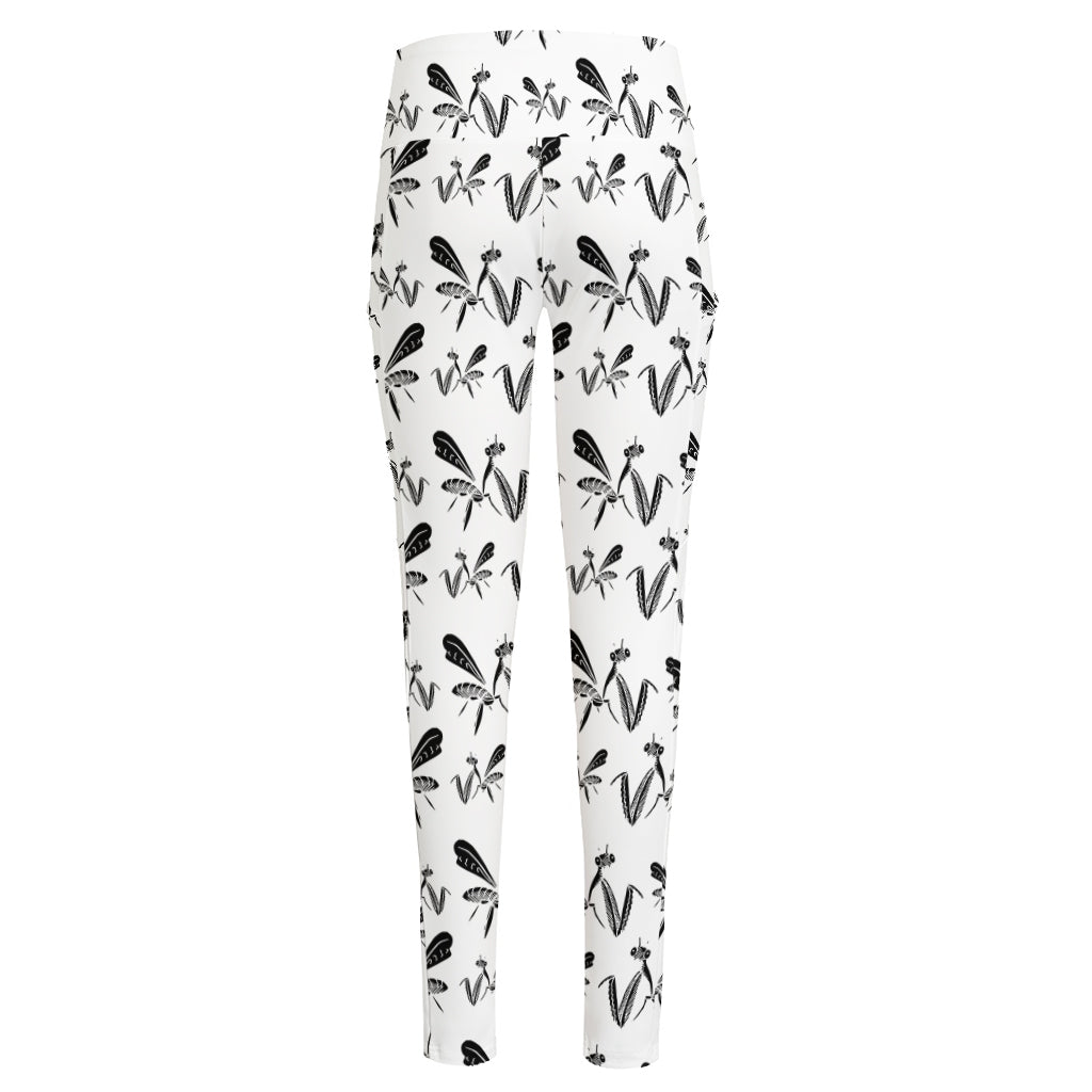 White And Black Mantis Pattern Print High-Waisted Pocket Leggings