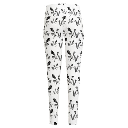 White And Black Mantis Pattern Print High-Waisted Pocket Leggings