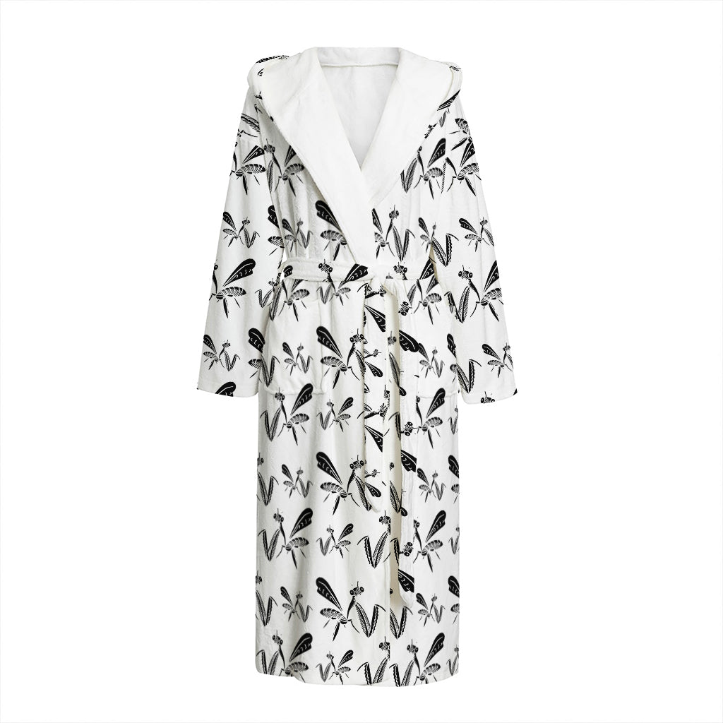 White And Black Mantis Pattern Print Hooded Bathrobe