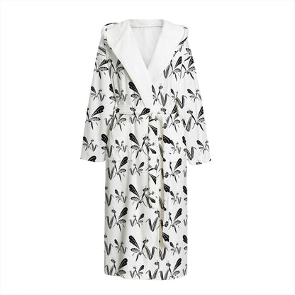 White And Black Mantis Pattern Print Hooded Bathrobe