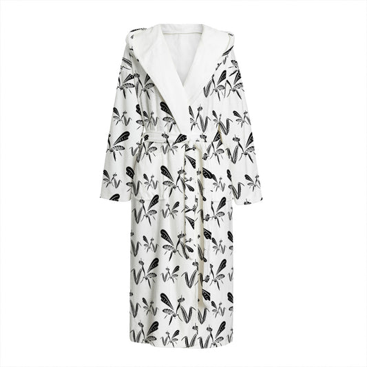 White And Black Mantis Pattern Print Hooded Bathrobe