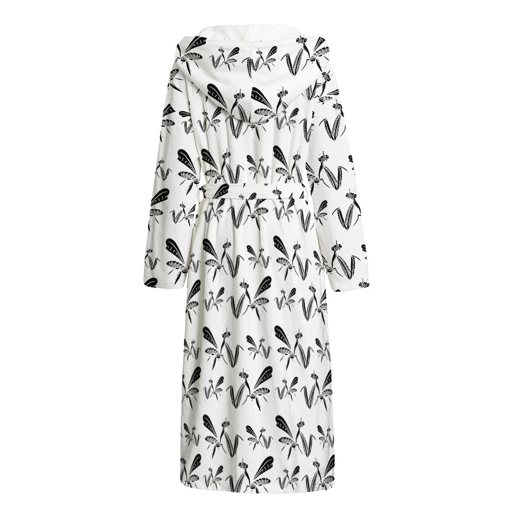 White And Black Mantis Pattern Print Hooded Bathrobe