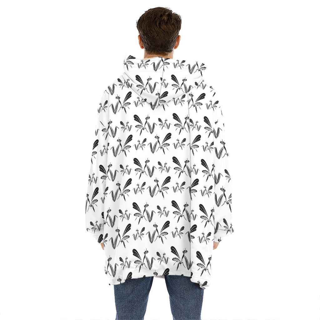 White And Black Mantis Pattern Print Hoodie Blanket