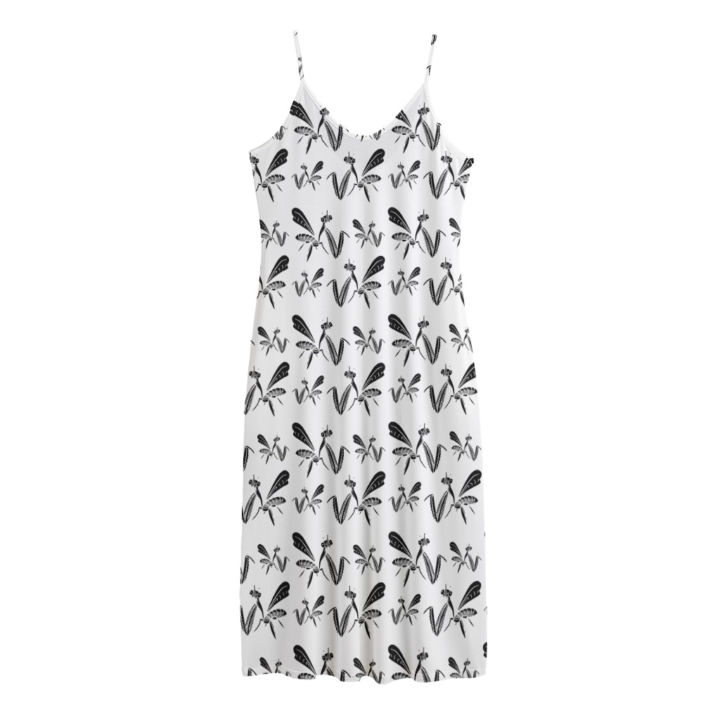 White And Black Mantis Pattern Print Jersey Midi Cami Dress