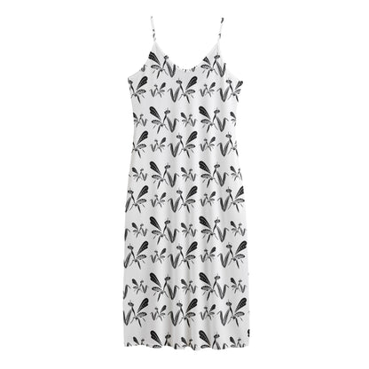 White And Black Mantis Pattern Print Jersey Midi Cami Dress