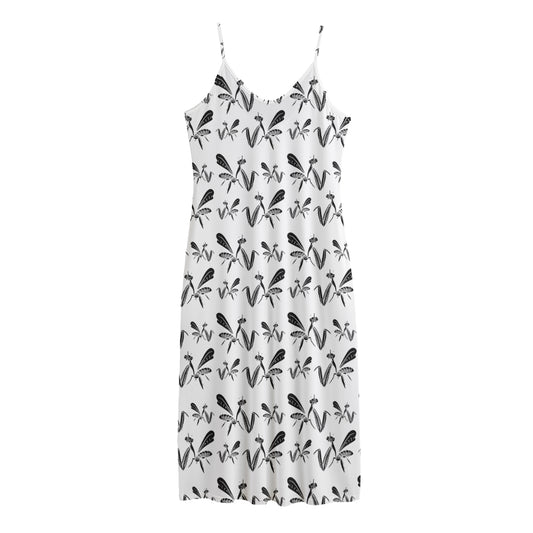 White And Black Mantis Pattern Print Jersey Midi Cami Dress