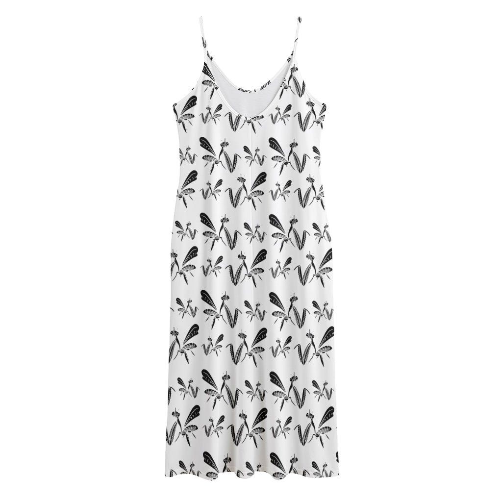 White And Black Mantis Pattern Print Jersey Midi Cami Dress