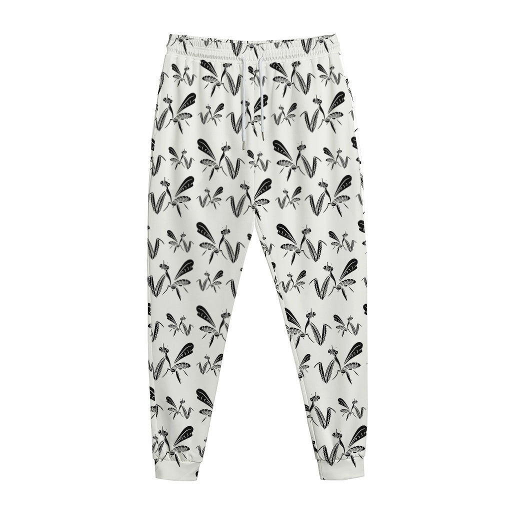 White And Black Mantis Pattern Print Jogger Pants